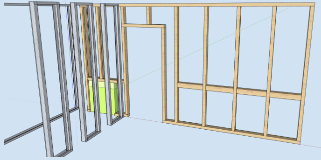 3D-Modell einer Holzwandrahmenkonstruktion mit Türöffnung; links Stahlständer, rechts Holzwandrahmen.