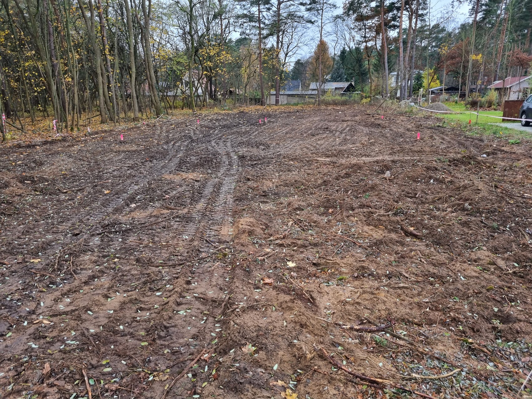 Freigelegtes Baugrundstück mit Erdreich, Spuren, pinke Markierungsstangen, Wald im Hintergrund