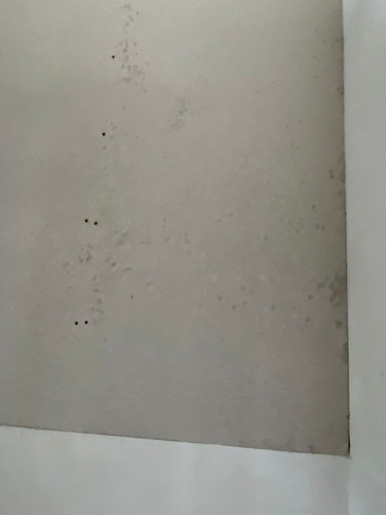 Beige Wand mit kleinen dunklen Flecken und heller Kante am unteren Rand.