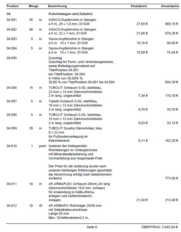 Preisliste: Positionen von Rohrleitungen, Schläuchen, Zubehör, Mengen und Preisen.
