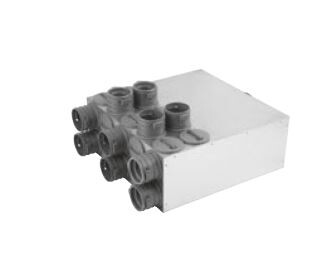 Weißer rechteckiger Rohrverteiler mit mehreren Anschlüssen