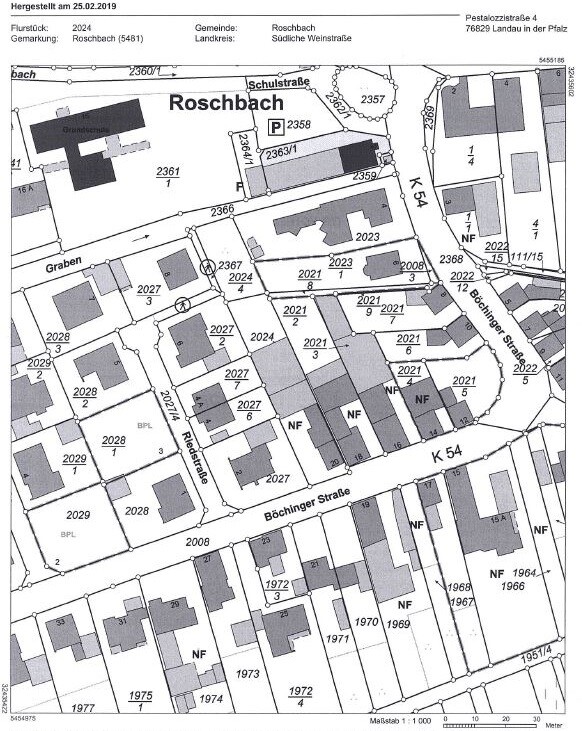 Stadtplan Roschbach mit Parzellen, Straßennamen und Gebäudegrundrissen.