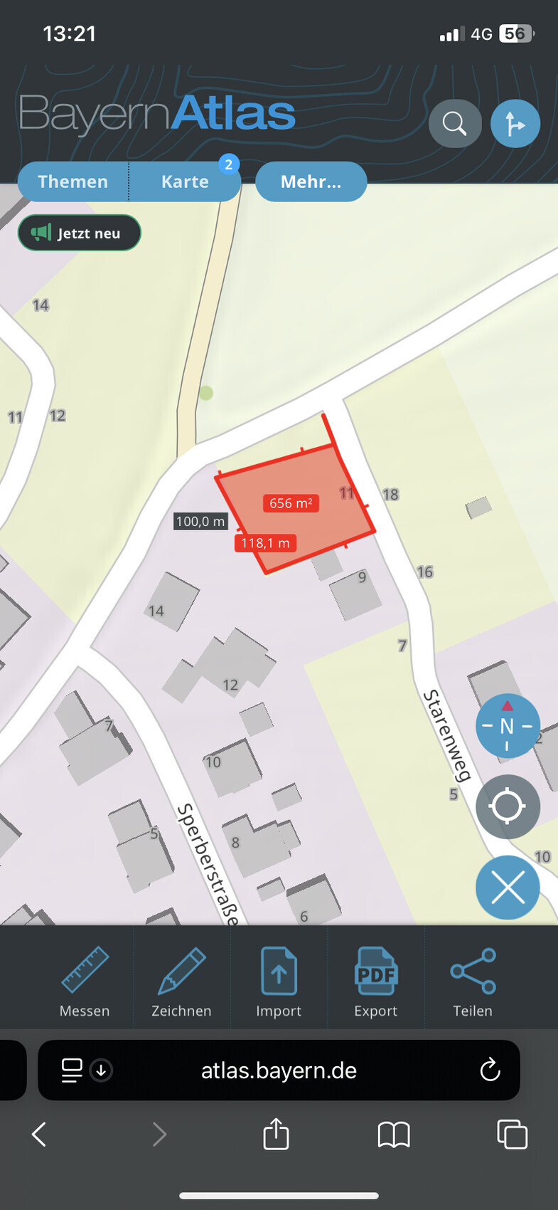 BayernAtlas-Kartenansicht: rotes Grundstück, 656 m², Maße 100,0 m x 118,1 m.