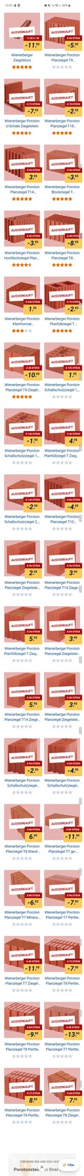 Mehrere rote Produktboxen in einem Shop-Grid mit Preisetiketten und Ausverkauft-Schildern.