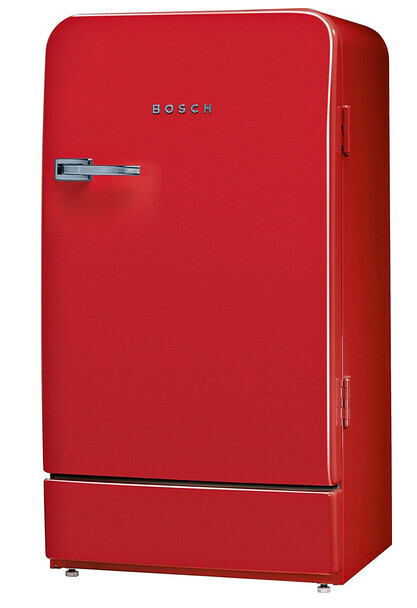 Roter Bosch Retro-Kühlschrank mit Chromgriff, freistehend, Gefrierfach unten