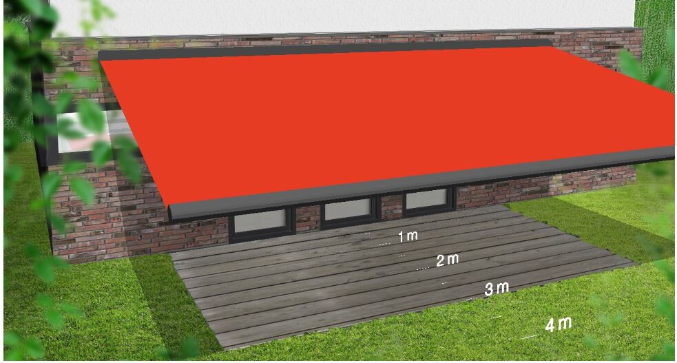 Rote Dachüberdeckung über Holzterrasse vor Backsteinhaus; Maßlinien 1–4 m sichtbar
