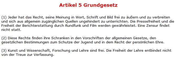 Bild zeigt Ausschnitt des Artikels 5 Grundgesetz mit roter Überschrift und Rechtstext in Absätzen.