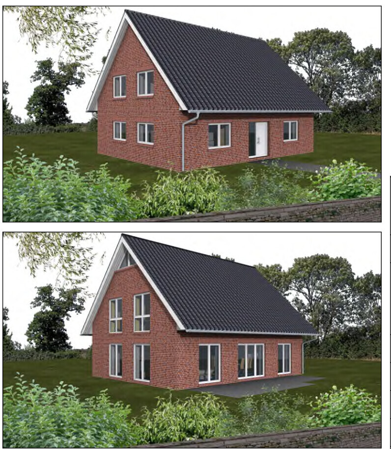 Rotes Backsteinhaus mit Satteldach in grünem Garten, zwei Ansichten: Vorder- und Rückseite.