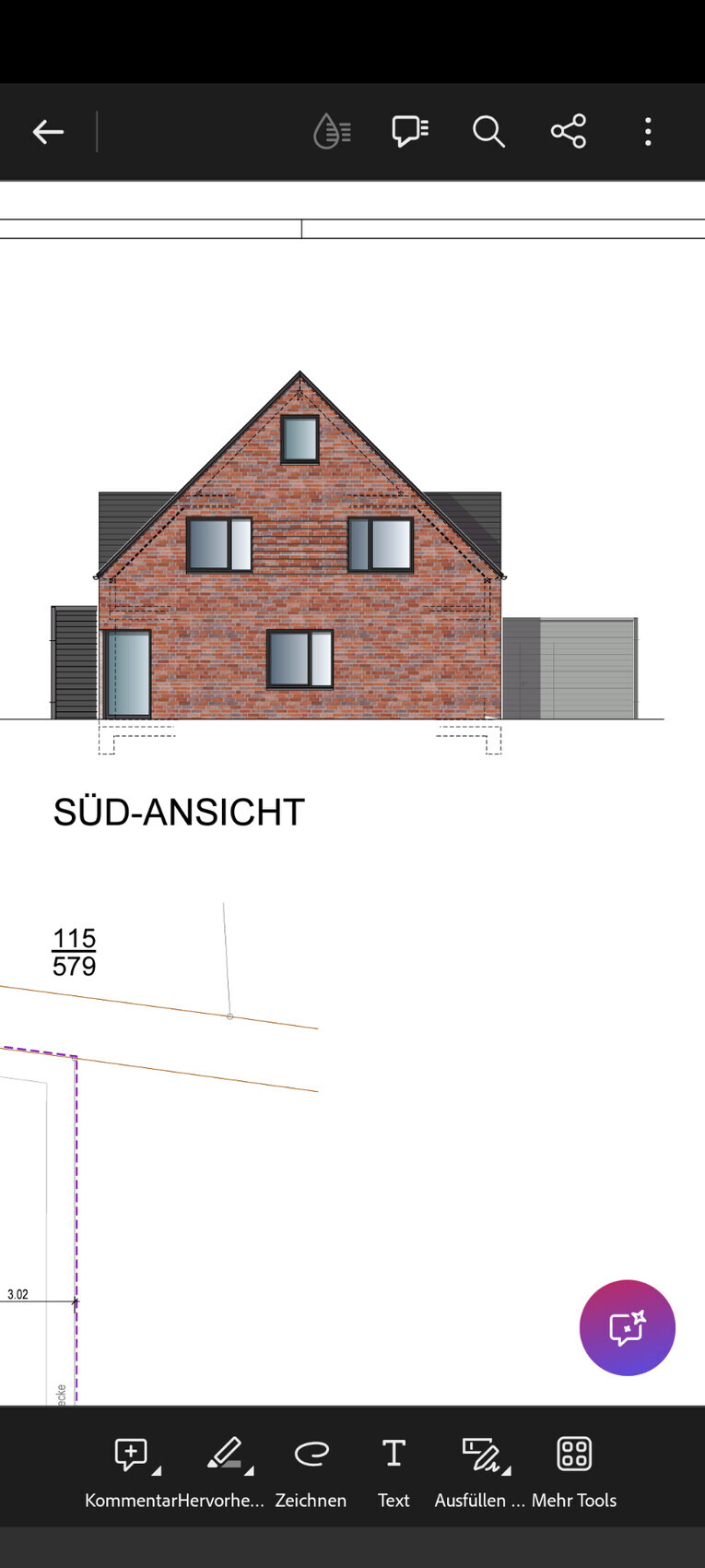 Südansicht eines roten Ziegelhauses mit Satteldach, Fenstern und seitlichen Anbauten.