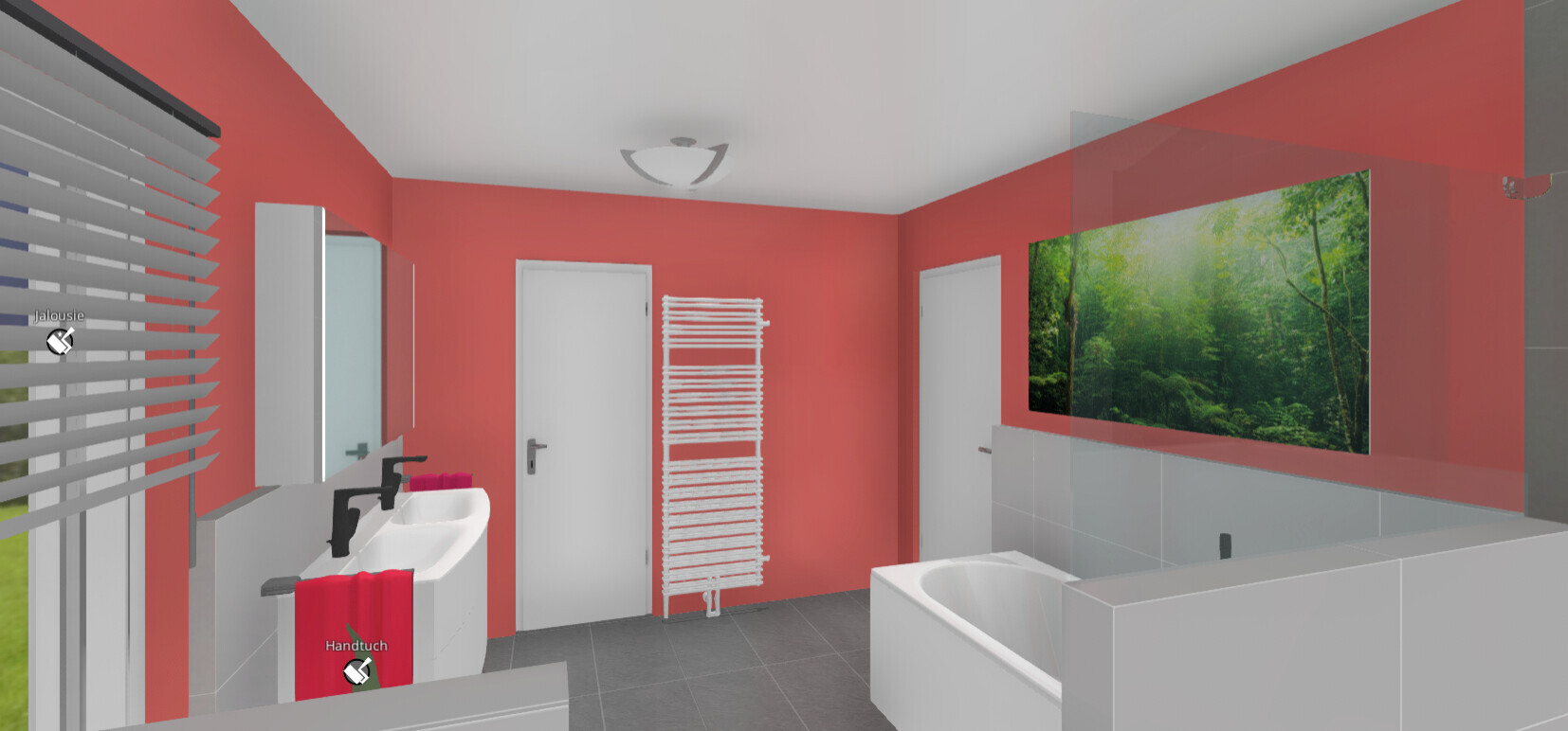 Modernes Badezimmer mit roten Wänden, Doppelwaschbecken, Badewanne, Waldbild.