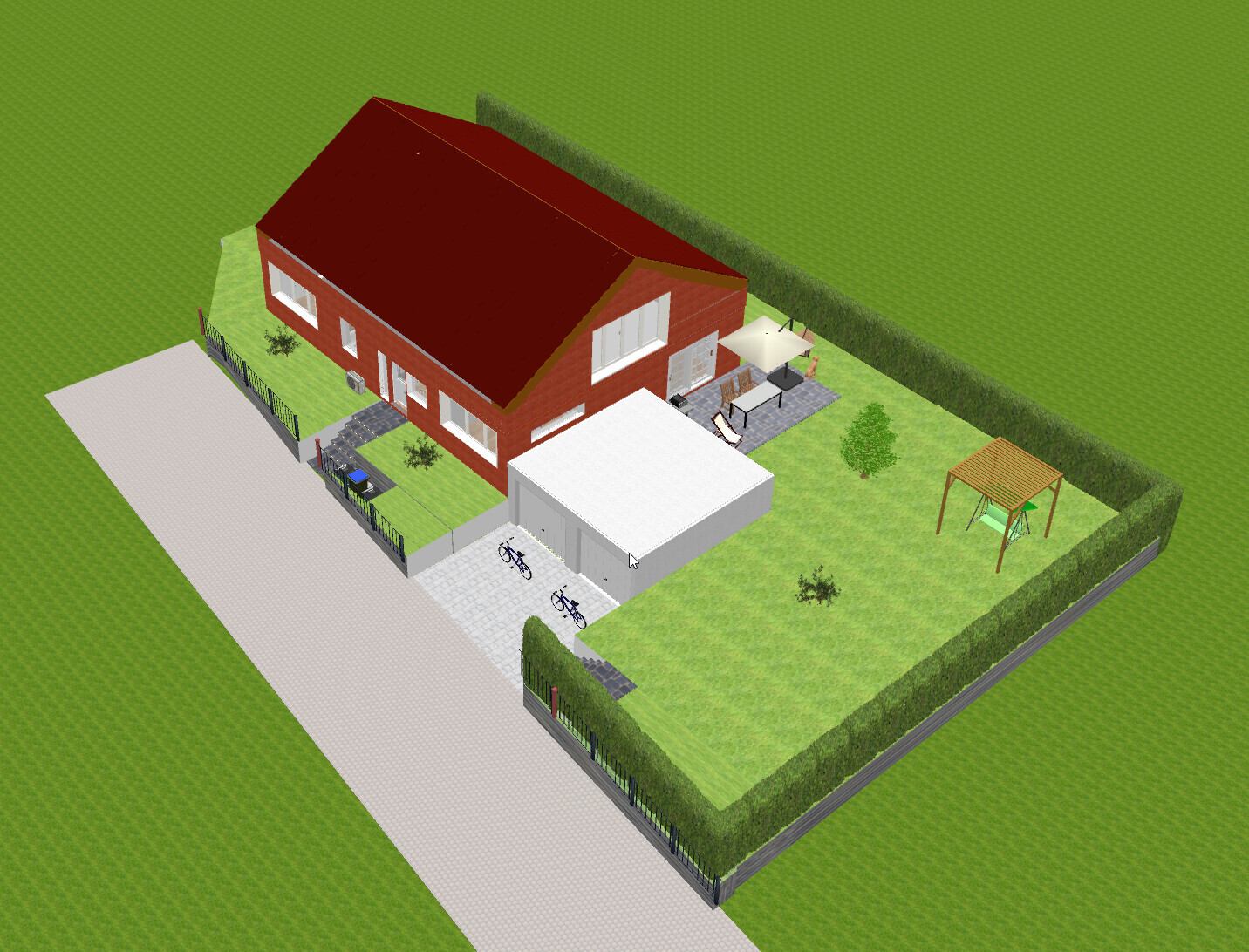 Isometrische 3D-Darstellung eines roten Einfamilienhauses mit Garage, Garten und Terrasse.