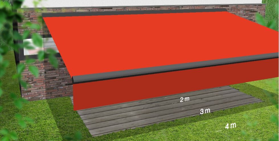 Rotes Dach über einer Holzterrasse vor einem Backsteinhaus; grüne Gartenumgebung.