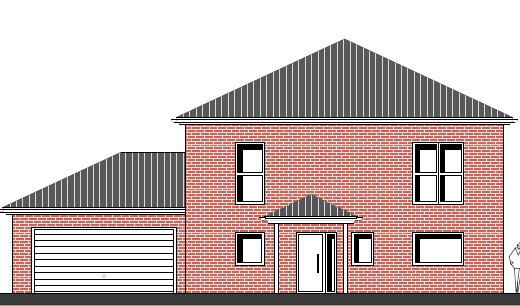 Zweistöckiges rotes Ziegelhaus mit Garage links, graue Satteldächer und Eingangsvorbau.