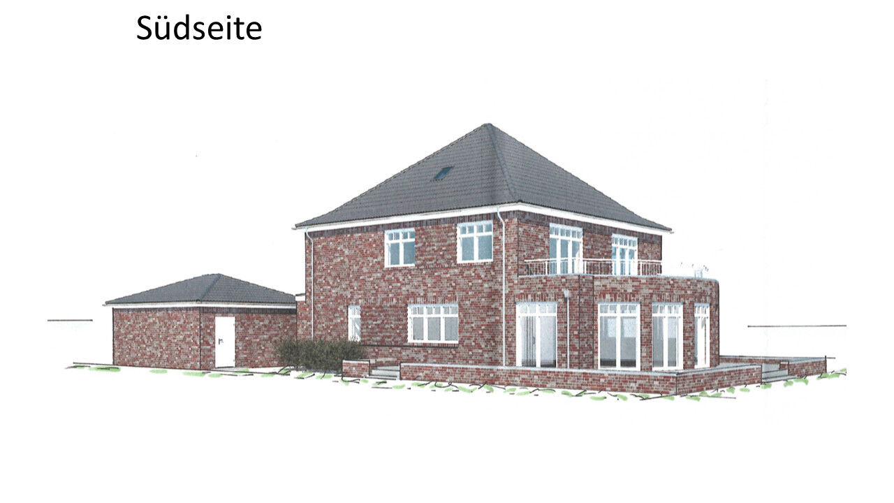 Südseite eines roten Ziegelhauses mit grauem Dach und Garage links.