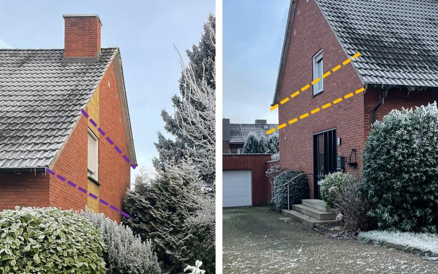 Zwei Ansichten eines roten Ziegelhauses mit schrägem Dach; Markierungen zeigen Dachbereiche