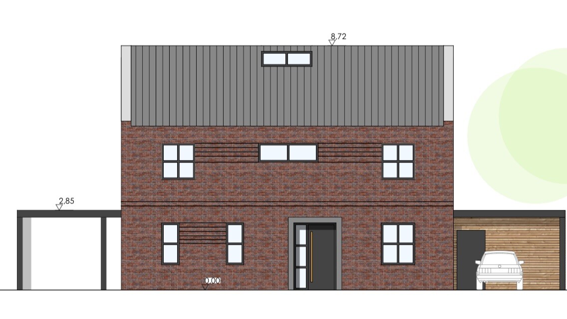 Zweistöckiges rotes Backsteinhaus, graues Dach, zentraler Eingang, Carport links, Garage rechts.