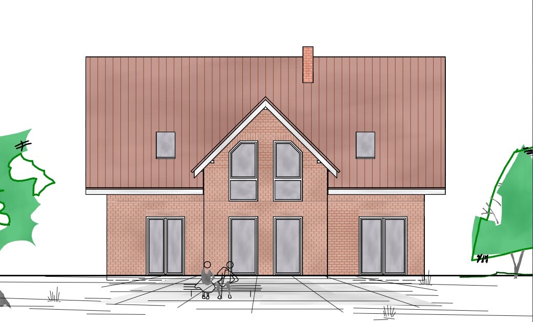 Ziegelhaus mit braunem Dach, zentrale Giebelfassade, große Glasfronten; Familie davor