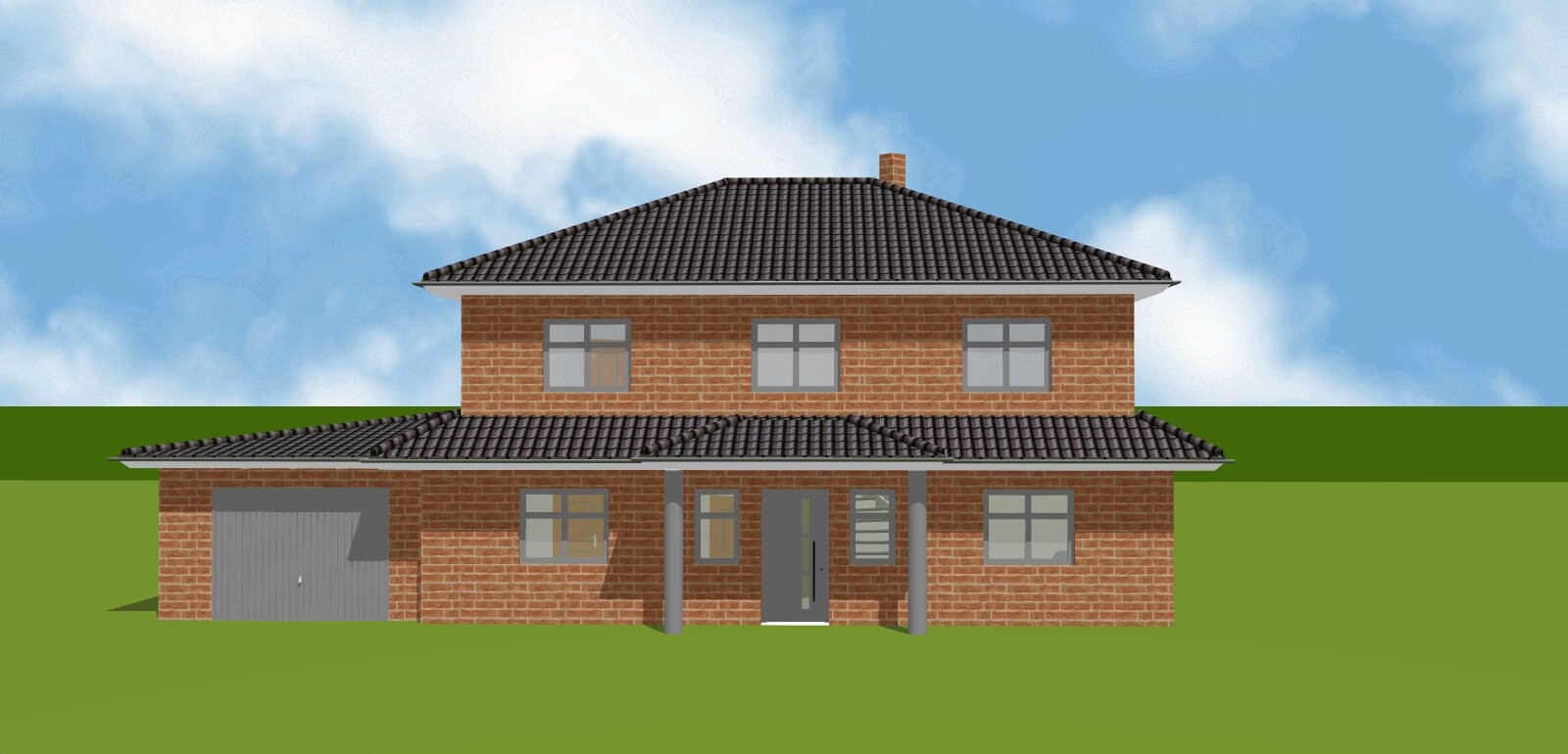 Zweistöckiges rotes Backsteinhaus mit Garage links, graues Dach, Säulenfront und gruenem Garten.