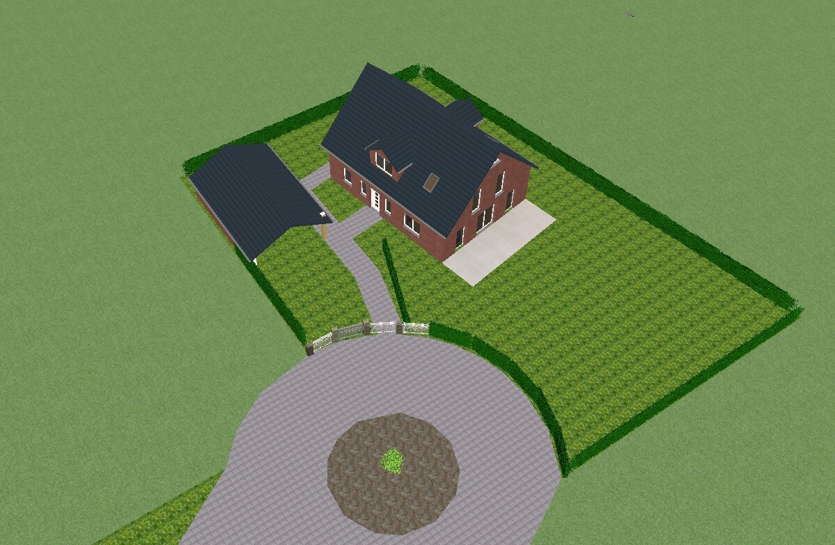 Isometrische 3D-Darstellung eines Einfamilienhauses mit Garten, Garage und Rundzufahrt.