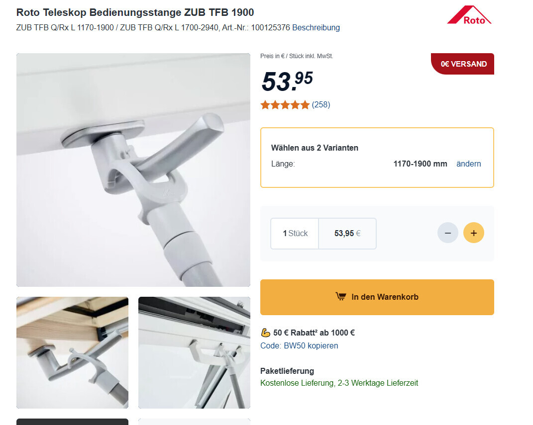 Nahaufnahme der grauen Roto Teleskop-Bedienungsstange am Fensterrahmen.