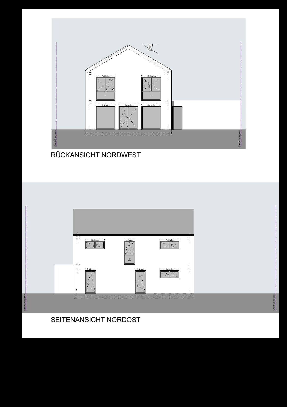 Zwei Ansichten eines Hauses: Rückansicht Nordwest mit Fenstern; Seitenansicht Nordost.