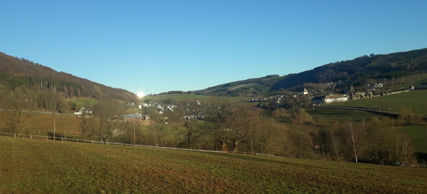 Ländliche Hügellandschaft mit Dorf im Tal, Felder und Bäume; Sonne am Horizont.