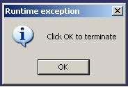 Kleines Windows-Fehlerfenster mit Runtime-Exception und OK-Schaltfläche.