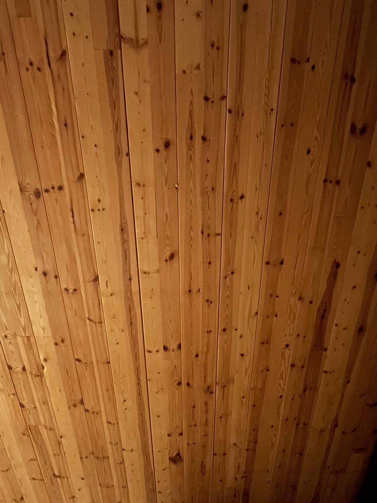 Helle Holzpaneele mit sichtbaren Knoten, vertikal an Wand oder Decke installiert.