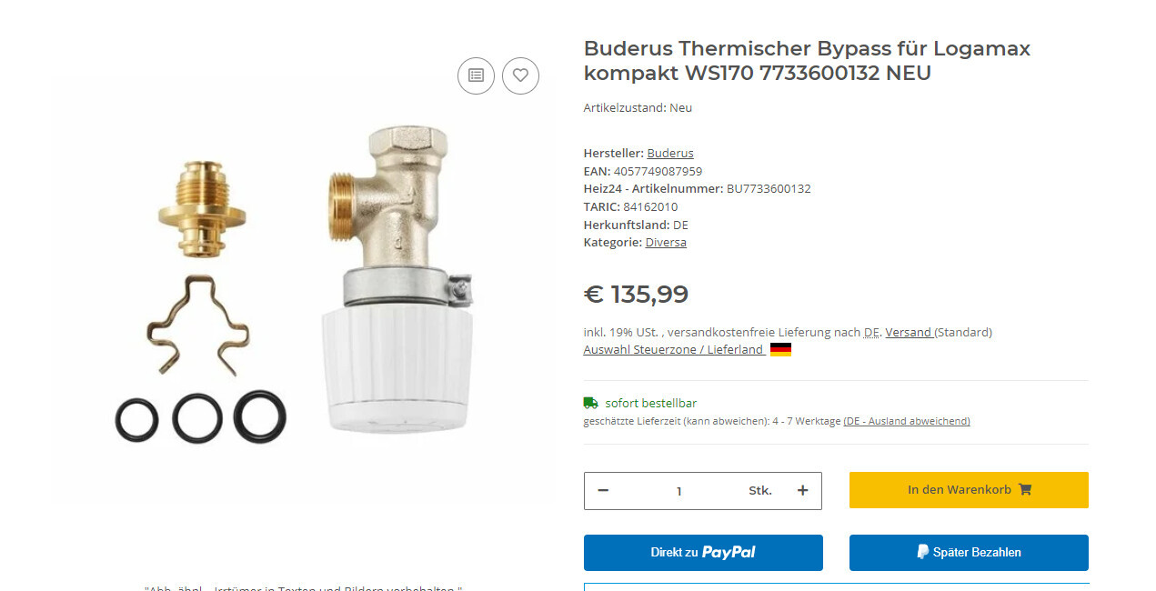Buderus Bypass-Set mit Ventil, Dichtungen und Befestigungsteilen für Logamax WS170.