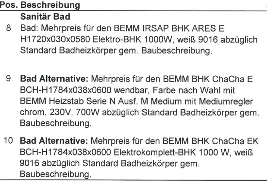 Textseite mit Sanitär Bad Spezifikationen und Bad-Alternativen, Tabelleninhalt