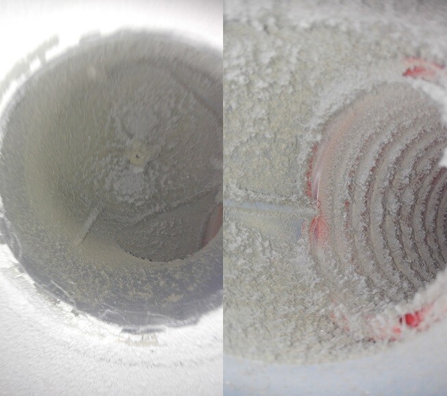 Zwei Nahaufnahmen: links staubiges Bohrloch, rechts staubige Spiralfläche eines Werkzeugs.