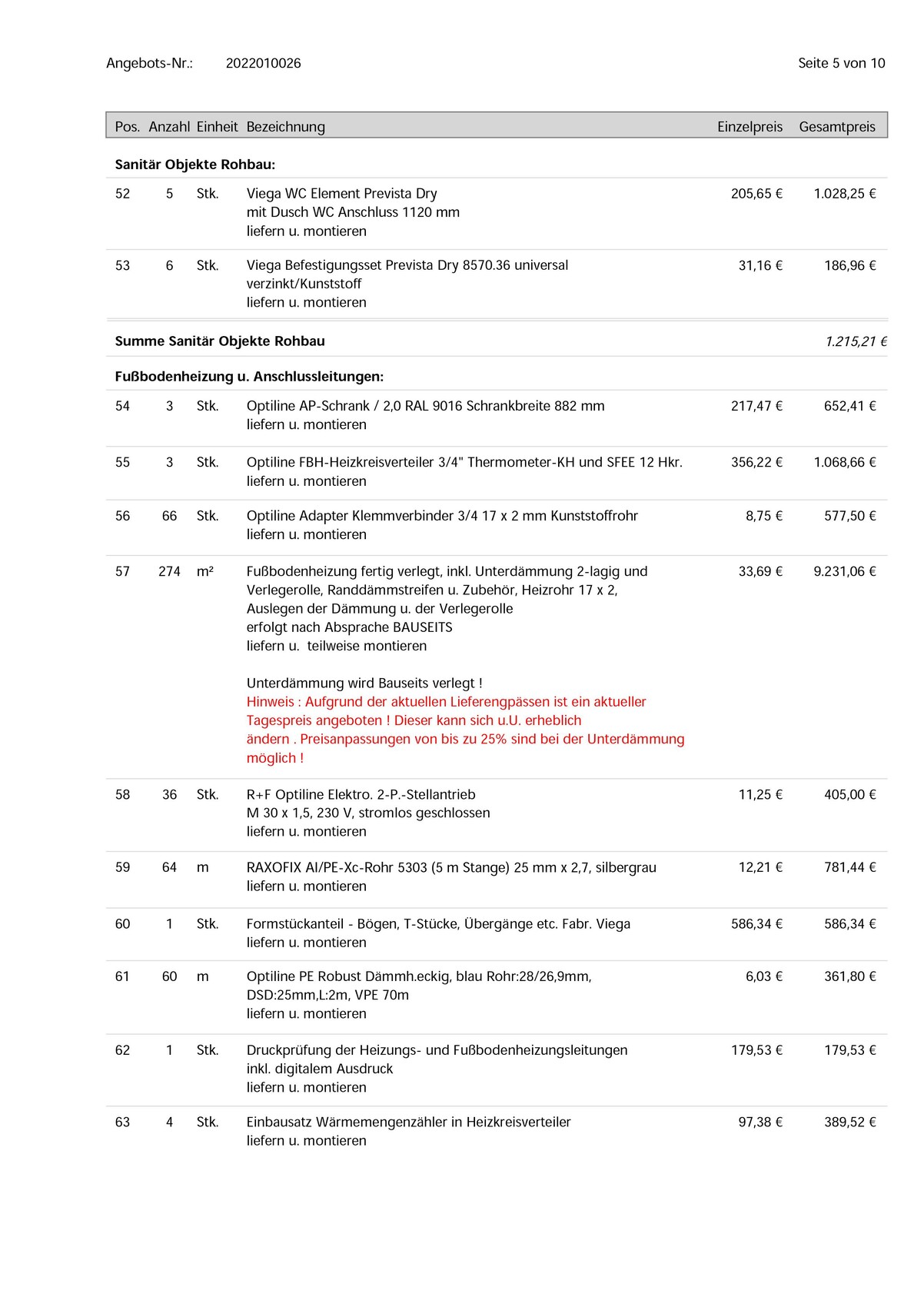 Angebotsseite mit Tabelle: Sanitär-Objekte und Fußbodenheizung samt Preisen.