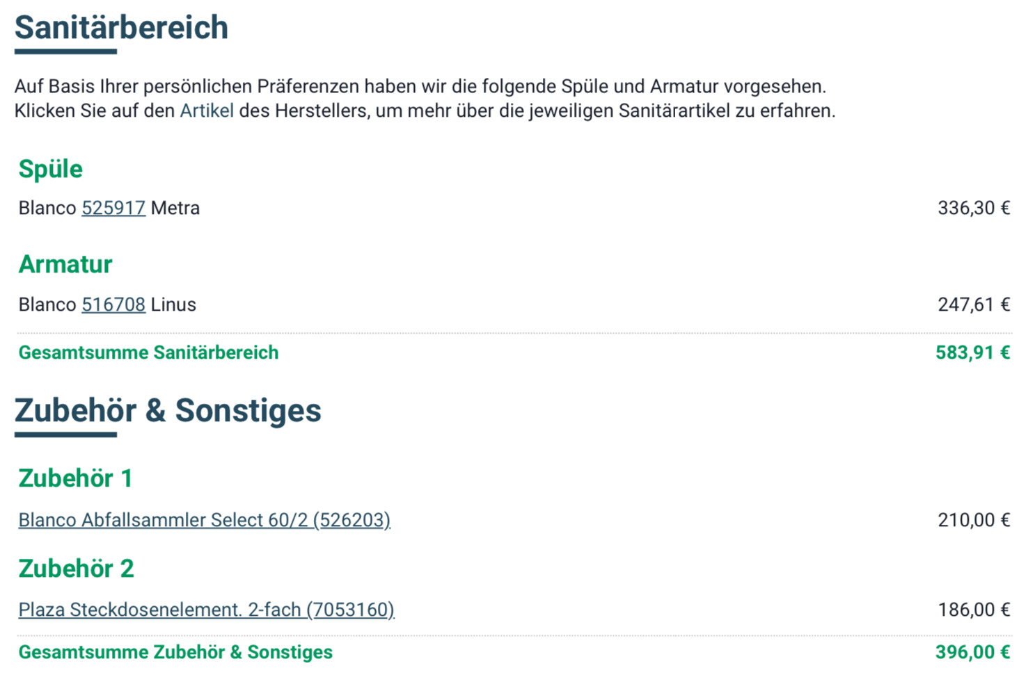 Preisübersicht Sanitärbereich mit Spüle, Armatur und Zubehör sowie Gesamtsumme