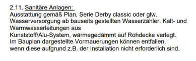 Textabschnitt zu Sanitäranlagen und Ausstattung gemäß Plan