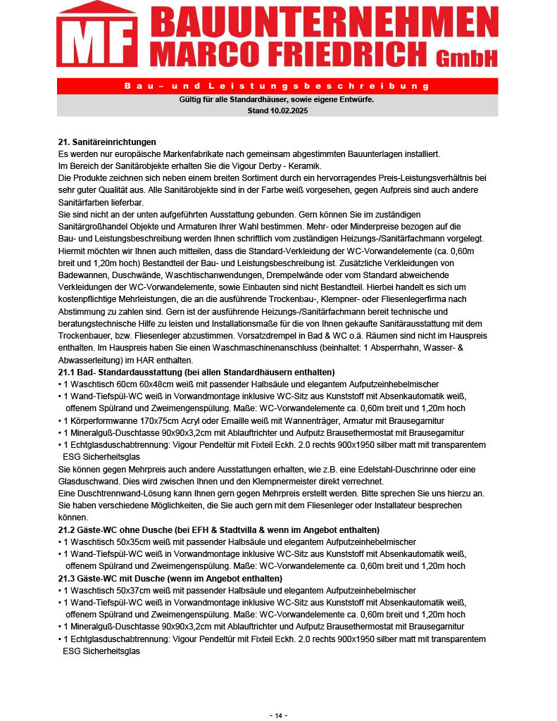 Seite eines Bauunternehmens mit Informationen zu Sanitaereinrichtungen und Bad-WC-Standardausstattung