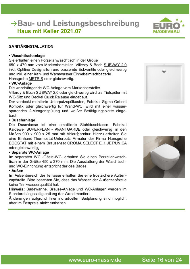 Seite einer Baubeschreibung mit Sanitärinstallationen, zwei Bad-Bildern rechts.