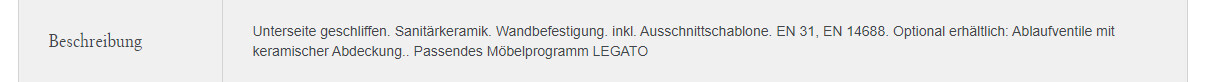 Sanitärkeramik, Wandbefestigung, Ausschnittschablone, Legato Möbelprogramm