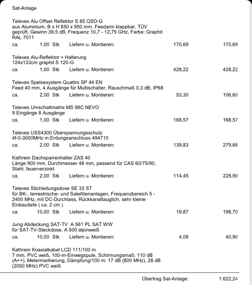Preis- und Produktliste für Sat-Anlagen-Komponenten (Reflektoren, Multischalter, Kabel)