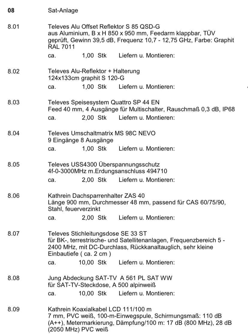 Sat-Anlagen-Teileliste mit Televes-Komponenten und Montagehinweisen (8.01–8.09).