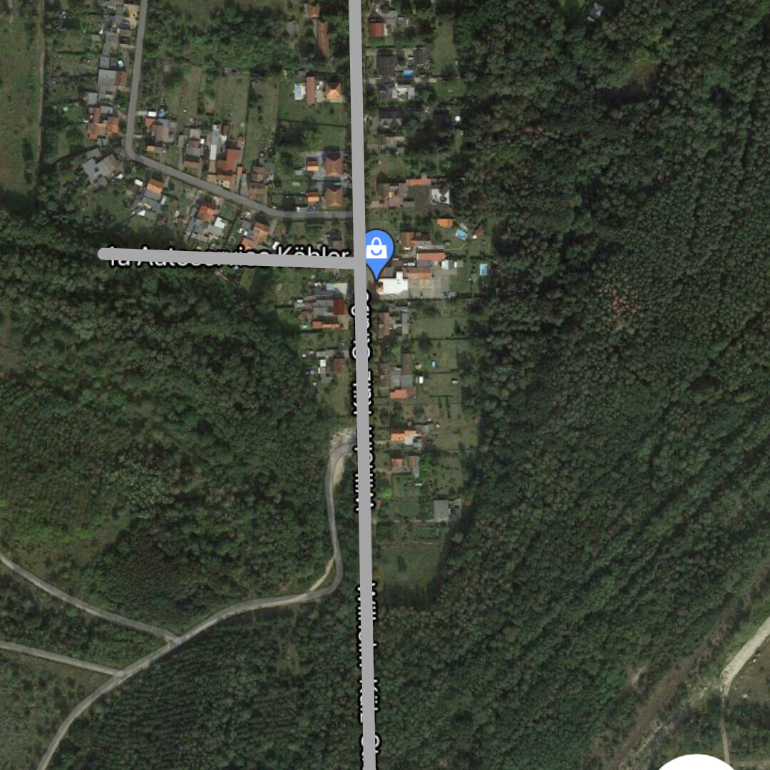 Satellitenbild eines Dorfes mit einer Straßenkreuzung, Häusern, Wald und blauem Marker.