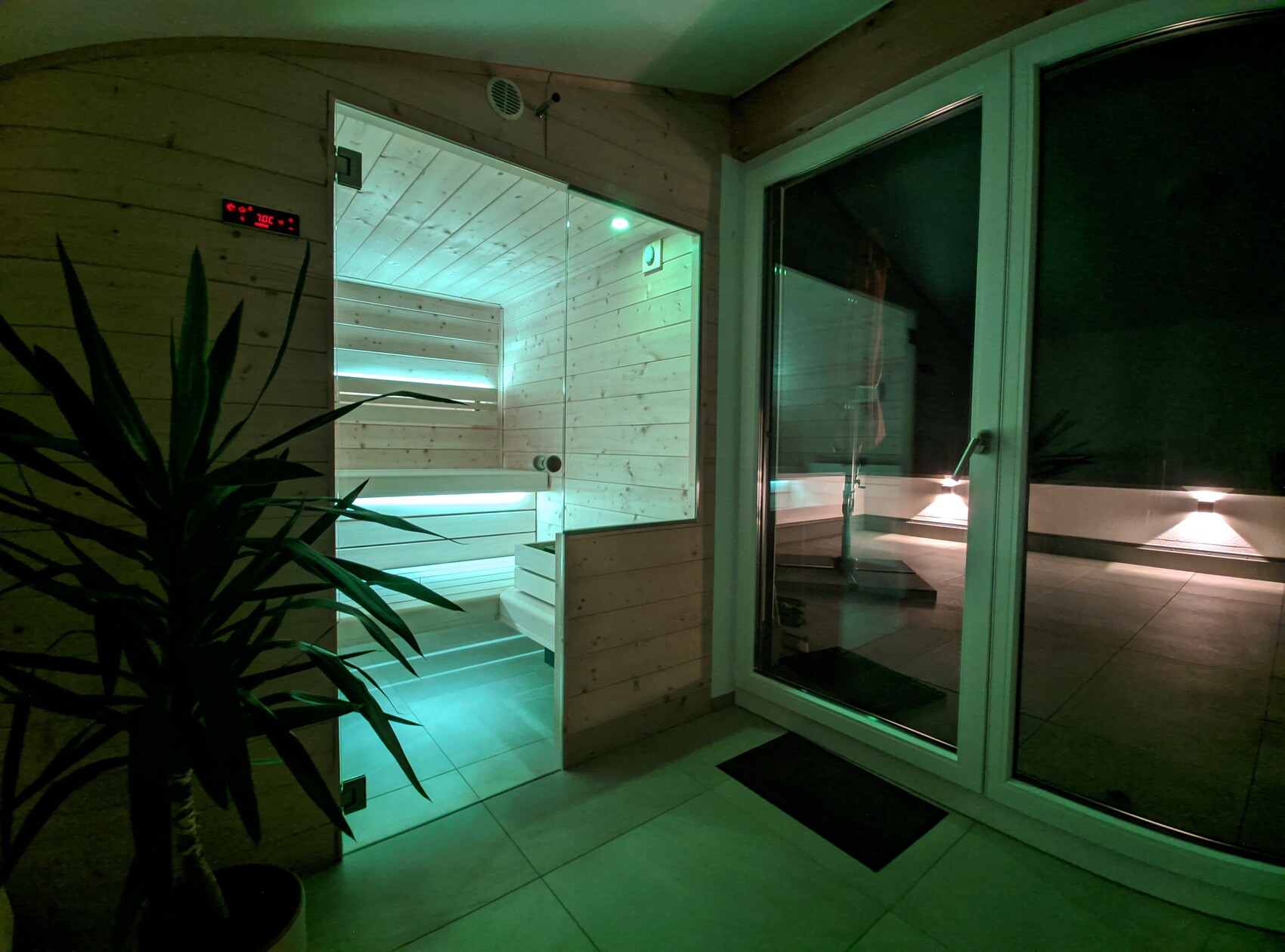 Grünes Licht in Sauna aus Holz, Glastür zur Terrasse, Pflanze im Vordergrund