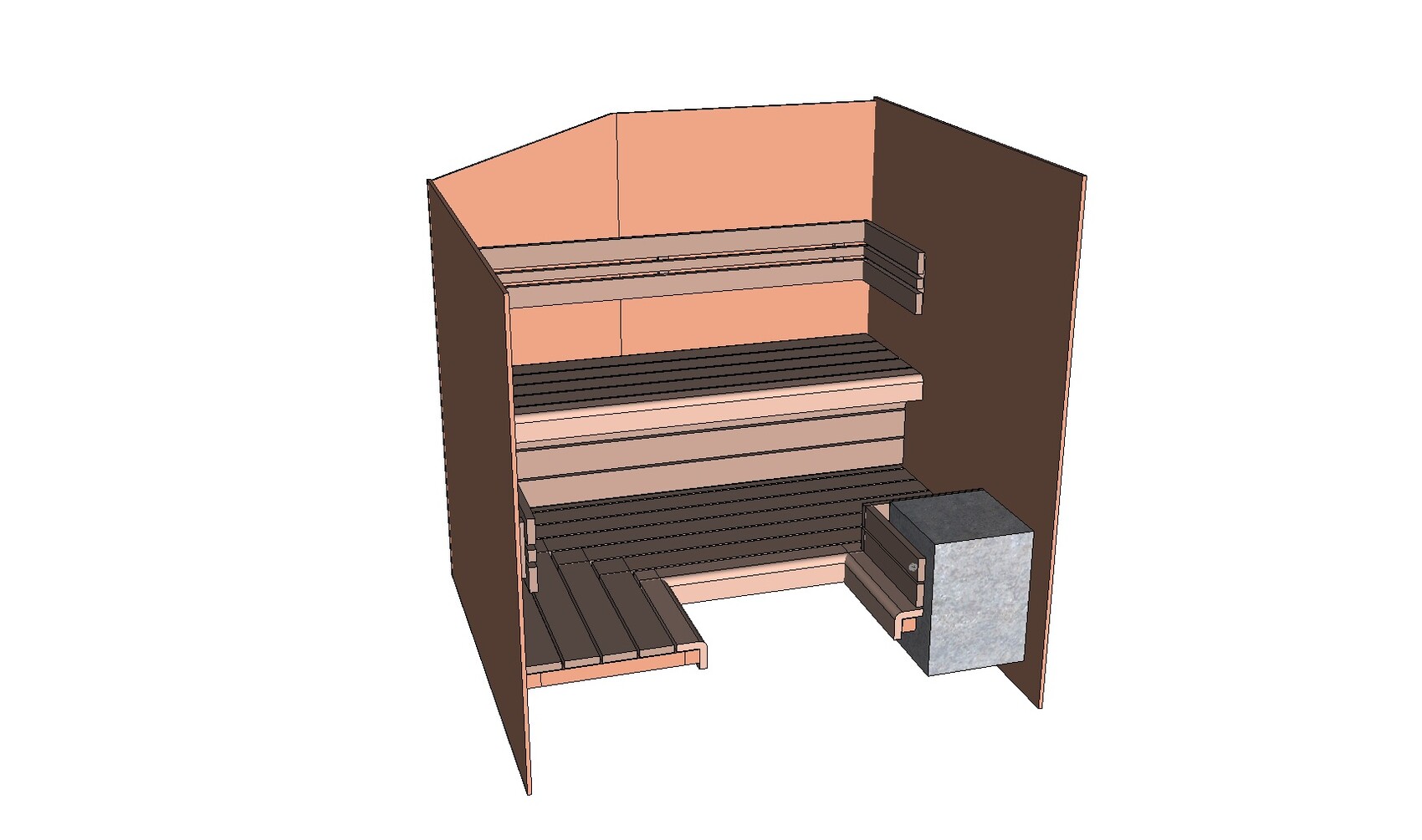 Innenansicht einer Sauna mit mehrstufigen Holzbänken und Ofen rechts.