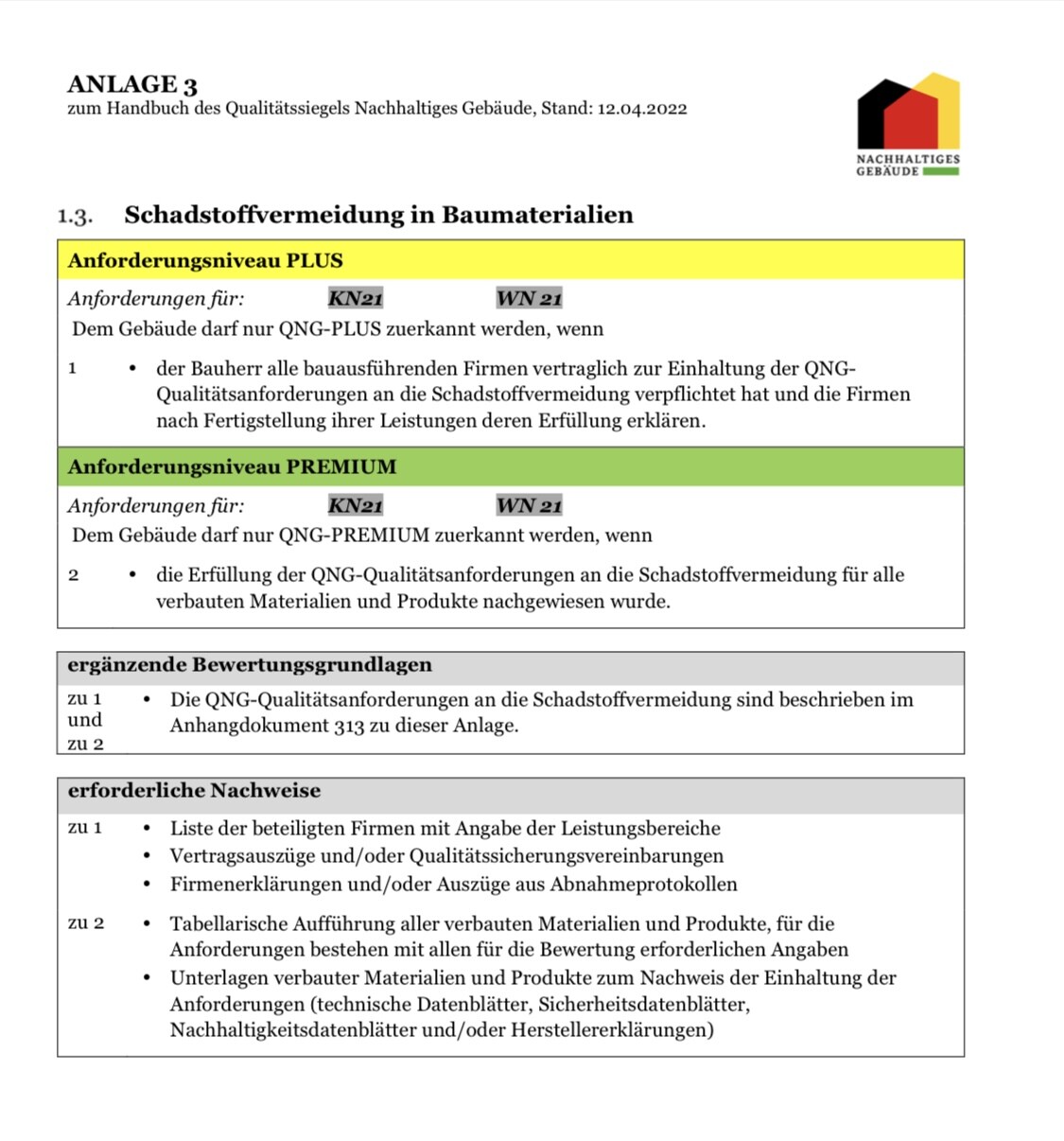 Seite: Schadstoffvermeidung in Baumaterialien; PLUS (Gelb) und PREMIUM (Grün), Logo.