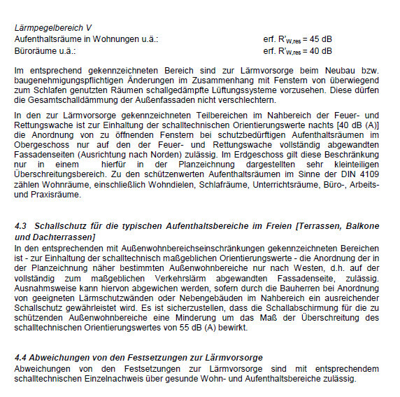 Dokumentenseite mit Lärm- und Schallschutzrichtlinien (Abschnitte 4.3, 4.4).