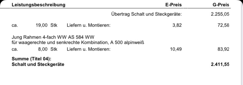 Rechnungstabelle mit Positionsbeschreibung: Schalt- und Steckgeräte, Mengen und Preise.