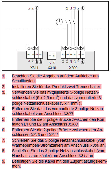 Schaltplan des Netzanschlusses mit Klemmen X311, X310, X300 und 9 Schritten.