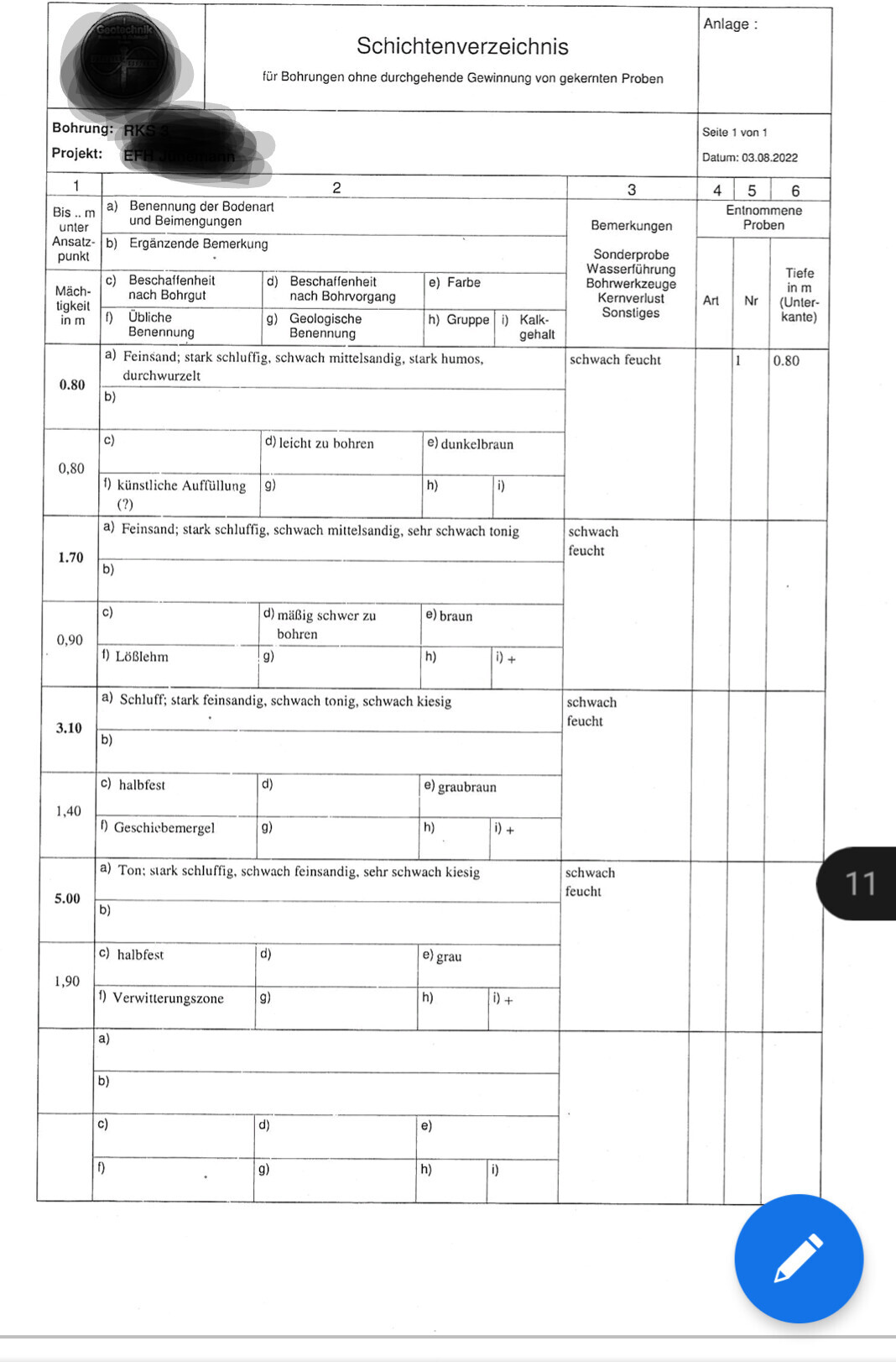 Geotechnisches Schichtenverzeichnis-Formular mit Bohrungsdaten und Schichtenmerkmalen.