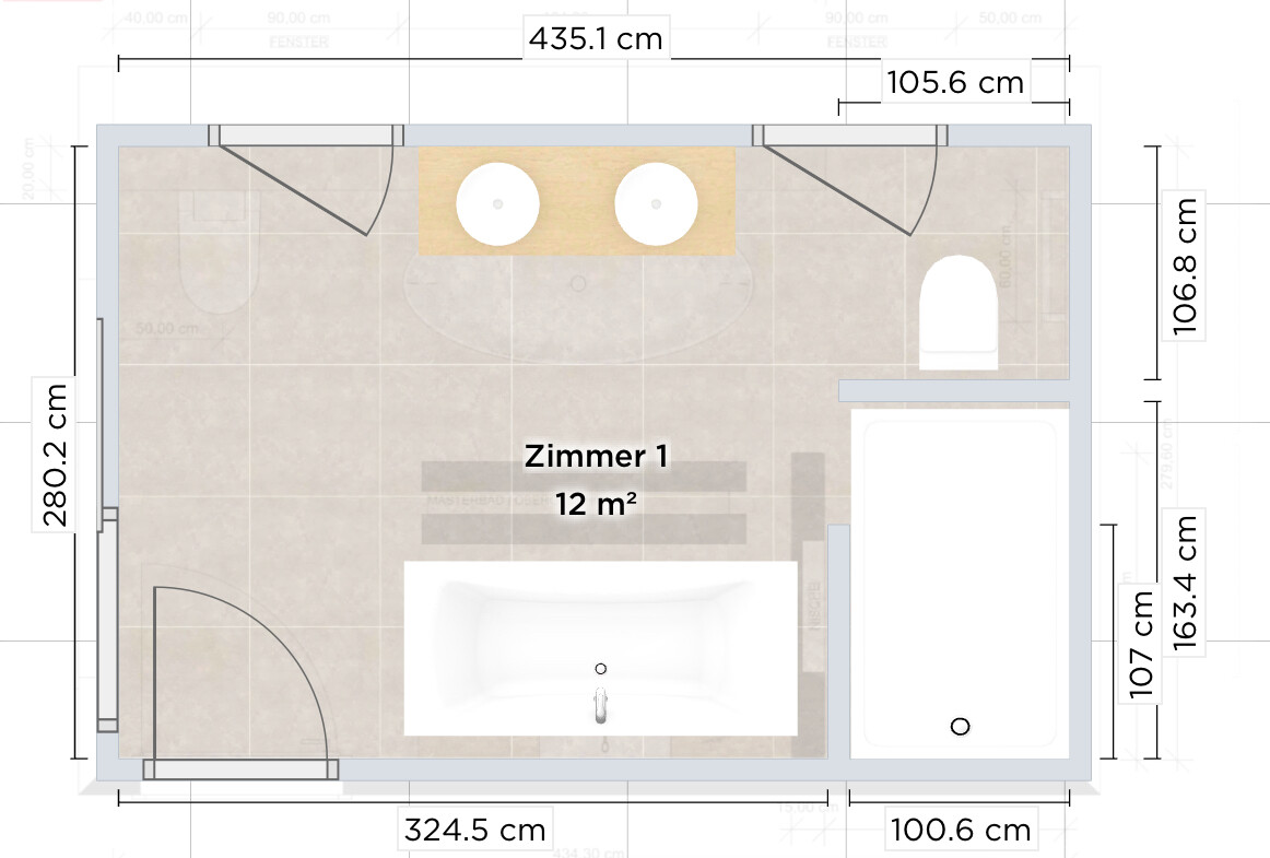Badezimmer: Doppelwaschbecken oben, Toilette rechts, Badewanne unten, Tür links.