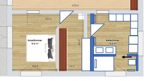 Grundriss: Schlafzimmer (19,8 m²) links mit Bett; Badezimmer (14,2 m²) rechts mit Möbeln.