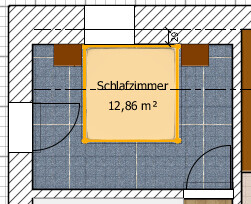 Planansicht eines Schlafzimmers mit Bett in der Mitte, 12,86 m²